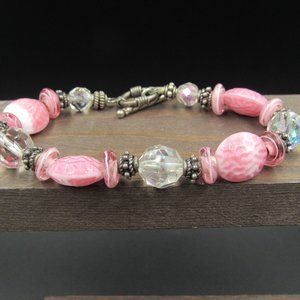 8" Sterling Silver Odd Pink Material Bracelet Vintage